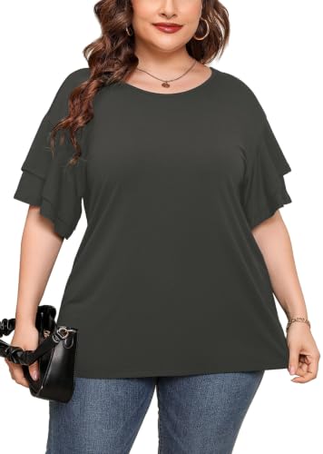AusLook Plus Size Tunic Tops for Women Gray 2X Double Ruffle Sleeve