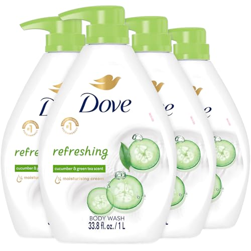 Dove Body Wash Refreshing Cucumber & Green Tea Value Size 4-Pack Moisturizing Shower Soap Liquid for Softer Smoother Skin 33.8 Oz Ea