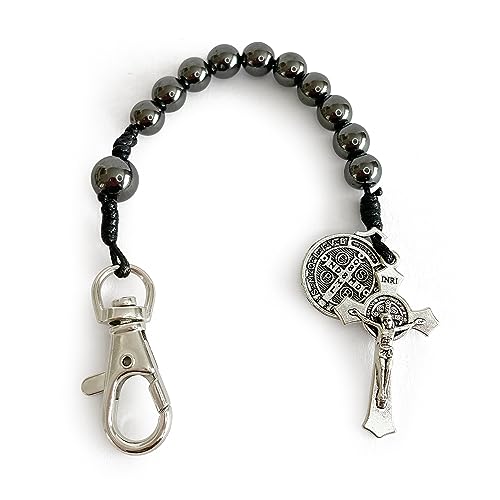 Catholic Pocket Rosary with Saint Benedict Medal & Black Hematite Beads - Tenner Open Style One Decade Rosary Keychain