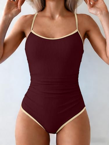 Image of Eomenie Women's One Piece Swimsuit Tummy Control Slimming Bathing Suit Color Block Spaghetti Strap 1 Piece Swim Suit Swimwear