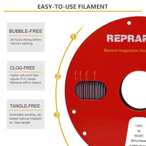 Image of Reprapper Triple Color Filament Dual Extrusion PLA Filament 1.75mm for 3D Printer, pla Filament 1.75mm Multicolor Like Dual Color 2.2lbs (1kg), Silk PLA Gold /Silver /Copper
