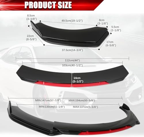 Image of Universal Front Bumper Lip Spoiler Kit | 4-Piece Glossy Black with Red Accent | 147-154 cm Width | Car Styling & Aerodynamic Body Kit | Durable Front Bumper Protector for Cars