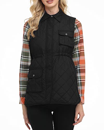 Xeoxarel Women's Quilted Military Vest, Lightweight Utility Casual Sleeveless Drawstring Vests With Pockets Outerwear Black Xl #TOP2