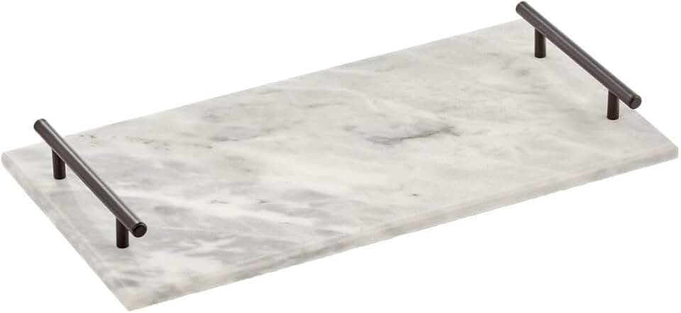 mDesign Thin Marble Pastry Board, Cutting Slab Kitchen Serving Tray with Deco Handles for Baking, Chopping, and Rolling - Serve Bread, Candy, Chocolate, Cheese, and Appetizers - Marble/Black