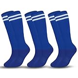 Moikolok Age 10 Above Kid Soccer Socks 3 Pairs Knee High Tube long Two Stripes Uniform Socks for Boys Girls (Blue)
