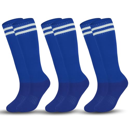Moikolok Age 10 Above Kid Soccer Socks 3 Pairs Knee High Tube long Two Stripes Uniform Socks for Boys Girls (Blue)