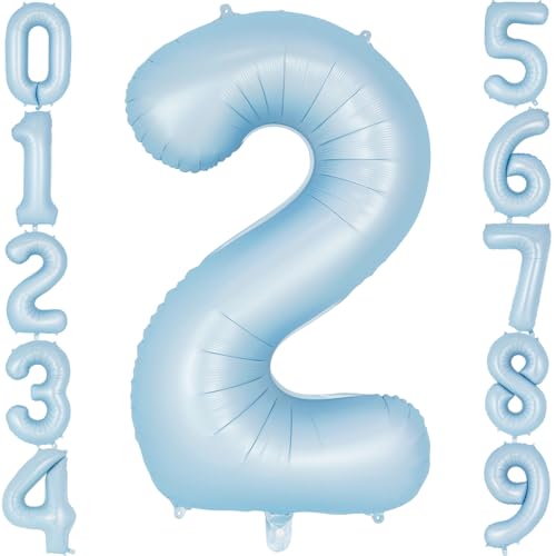 Image of Light Blue Number 2 Balloon, 40 Inch Big Large Foil Number Balloons, Giant Mylar Number 2 Balloons for 2 Second Birthday Baby Party Decorations Supplies Anniversary