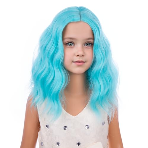 Image of PATTNIUM Teal Blue Wig for Kids Girls Short Blue Wavy Curly Wigs Child Bob Side Part Wig Synthetic Cosplay Party Halloween Wigs