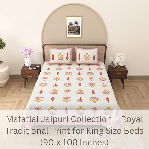 Image of Mafatlal 144 TC Jaipuri Cotton King Bedsheet | 90 x 108 Inches | Soft & Skin-Friendly | Handcrafted Jaipuri Print | 2 Pillow Covers | Tutu Pink
