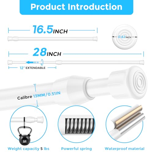 Image of AIZESI 2PCS White Tension Rod 17 to 28 Inch, Adjustable Spring Curtain Rod No Drilling, Spring Tension Rods for Window DIY Projects Cupboard Wardrobe Small Curtain Rods Short Tension Rod