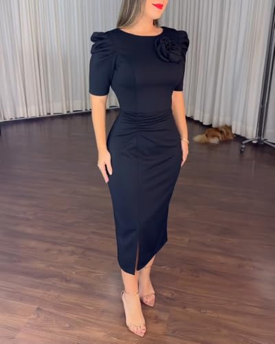 Women's Bodycon Midi Dress Ruched Puff Sleeve Cocktail Pencil Dress Casual Slit Party Work Dresses2