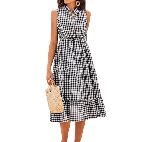 Image of BROVAVE Womens 2026 Summer Sleeveless Shirt Dress Collar Striped V Neck Casual Midi Dresses