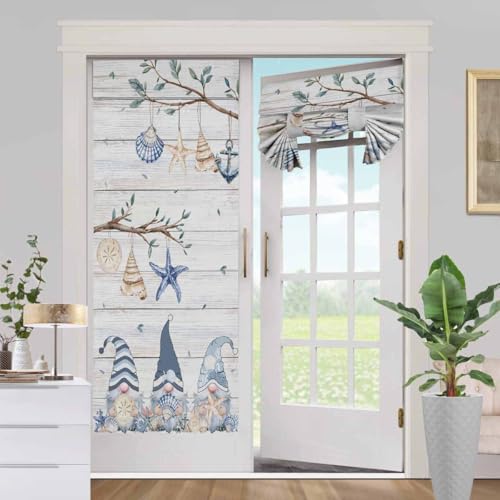 BEMIGO Coastal French Door Curtains for Windows,Summer Starfish Shell Gnome Front Door Window Curtains for Glass,Blue Rustic Wood Privacy Tie Up Blinds Thermal Insulated Shades26 x 70 inch