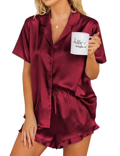 Image of Ekouaer Womens Satin Pajamas Set Button Down 2 Piece Silk Pjs Shorts Set Ruffle Lingerie Notch Collar Sleepwear