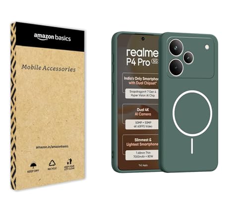 Image of amazon basics Back Cover for Realme P4 Pro 5G | Ultra Slim Soft Rubberised Case | Magsafe Logo Printed (Not Magsafe Compatible) | Camera Protection - Green