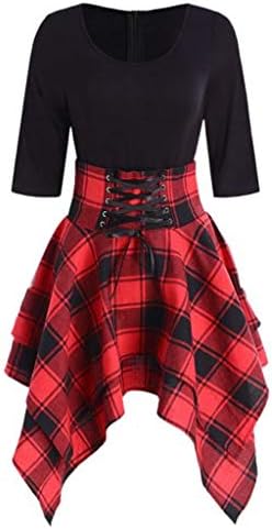 Kaister Women Dresses Casual O-Neck Lace Up Tartan Plaid Print Asymmetrical Mini Dress