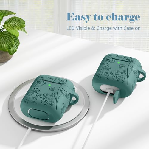 Maledan Flower Engraved Case Compatible with AirPods Case Cover, Cute Soft Silicone Shockproof Protective Case for Airpods 2nd & 1st Generation Case with Carabiner [LED Visible] for Women,A-PineGreen - Image 5