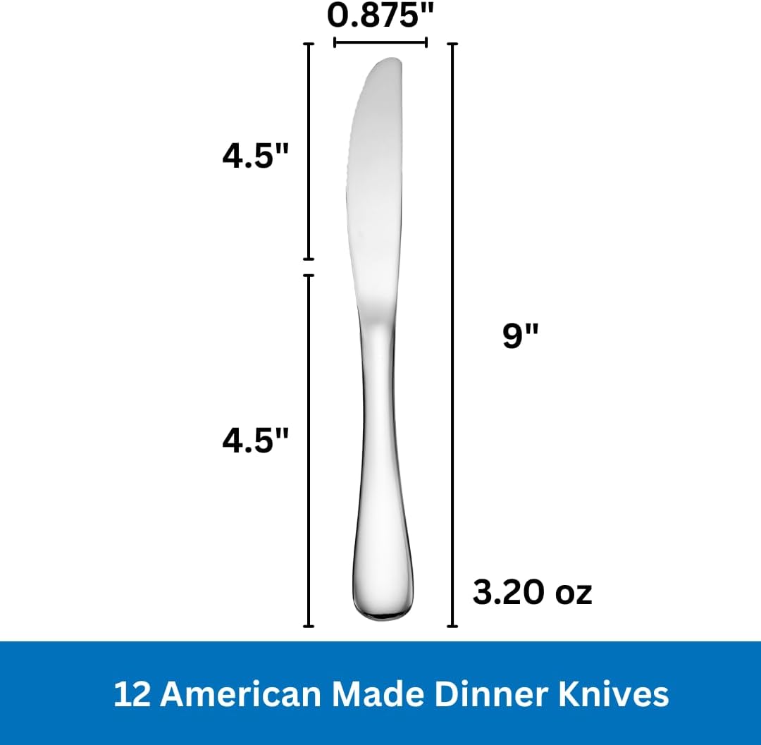 Dinner Knife Made in USA Set of 12 18/10 Stainless Steel Flatware Mirror Finish Dishwasher Safe TAA HubZone and Buy American Compliant Annapolis Silverware Made by Sherrill Manufacturing Dinner Knives