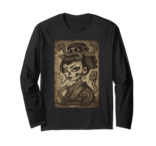 Geisha Gotica con Serpente Tatuaggio Stile Arte Giapponese Scura Maglia a Manica