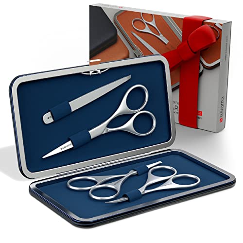 Suvorna Professional Men's Grooming Facial Hair Removal/Trimming Kit 4 Pcs. Mustache & Beard, Ears & Nose and Eyebrow Scissors along with Slant Tweezers. Comes with. (Dark Blue)