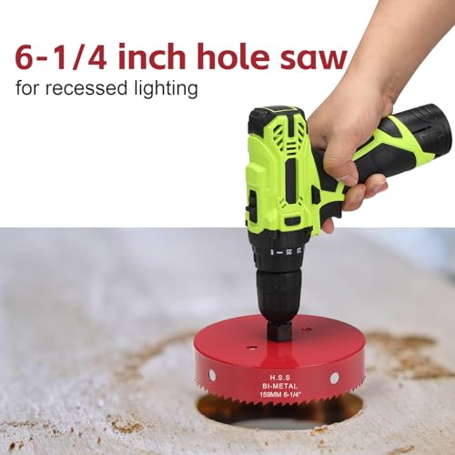 Image of 6-1 /4 Inch Hole Saw for Recessed Lighting, 159mm HSS BI-Metal Hole Cutter for Wood, 32mm Cutting Depth Hole Cutter with Hex Shank Drill Bit Adapter for Cornhole Boards Plastic Drywall Fiberboard, Red