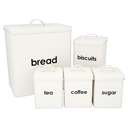 Image of Denny International® 5 Piece Kitchen Storage Includes Bread Bin Biscuit Tea Coffee Sugar Caddy Tins Containers Canister Storage Jars Pots Set (Cream)
