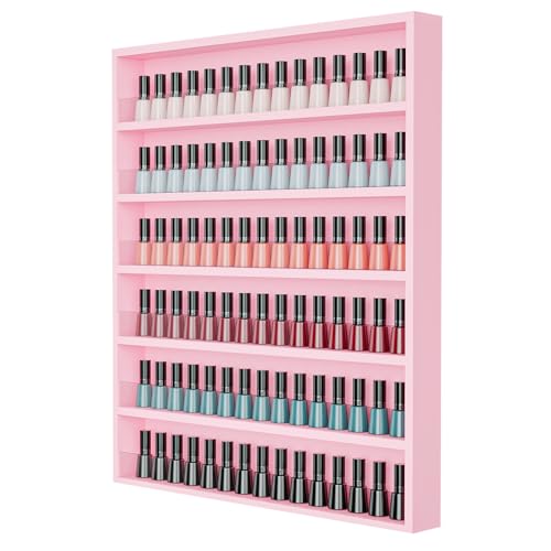 OmySalon Nail Polish Organizer Wall Mount - Holds 120+ Bottles with Acrylic Barrier, Salon Display Rack for Home Spa & Nail Studio - Wooden Polish Storage, Pink, 6-Tier (Fully Assembled)