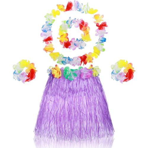 Abeillo Paquete de 5 faldas hawaianas de hierba Hula para niñas, falda de baile Hula con accesorio de disfraz de flores, vestido de fiesta hawaiano Hula para niñas (púrpura)