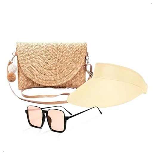 Kit Bolsa de Palha + Viseira Solar Feminina e Óculos de Sol Verão Praia Piscina (BEGE)