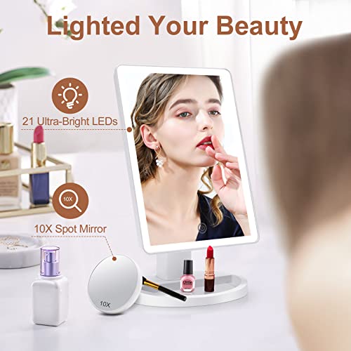 Cosmirror Makeup Vanity Mirror With 3 Color Lighting, Lighted Makeup Mirror With 72 Led Lights And 10X Magnifying Mirror, Dual Power Supply, 180 Degree Rotation Cosmetic Tabletop Light Up Mirrors #TOP6