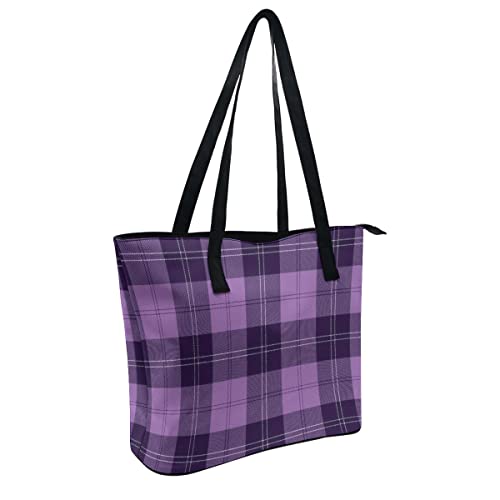 Women's Waterproof Big Shoulder Commuter Bag Large Capacity Work Tote Bags Leather Big Purses And Handbags Ladies Compatible With Purple Tartan Plaid Scottish Pattern #TOP2