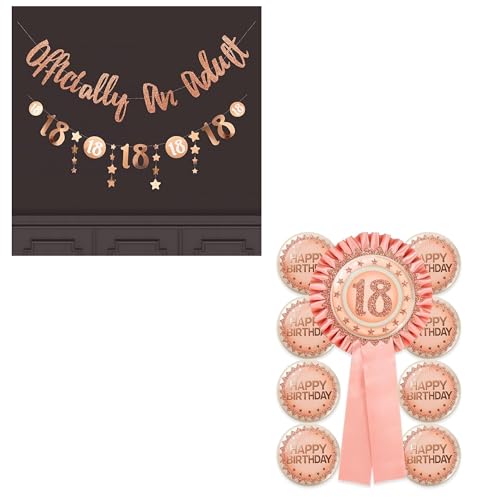Cheerland 18th Birthday Decorations Banner With Badge Squad Pin Set For Girls Women 18 Years Anniversary Birthday Party Supplies