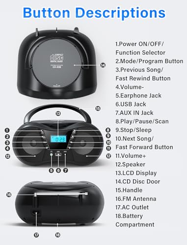 Greadio Boombox Portable CD Players for Home with Bluetooth, Boom Box CD Player FM Radio Combo, Stereo Sound, AC/Battery Powered, CD/CD-R/RW Compatible, Support AUX/USB/Headphone, Timer, Repeatable