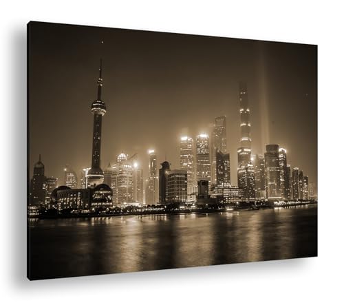 Toile de Shanghai 90x60 cm en sépia montée sur châssis en bois véritable de qualité supérieure