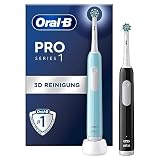 Oral-B Pro 1 Elektrische Zahnbürste/Electric Toothbrush, Doppelpack mit 2 Aufsteckbürsten, 3 Putzmodi für Zahnpflege, Geschenk Mann/Frau, Designed by Braun, schwarz/blau