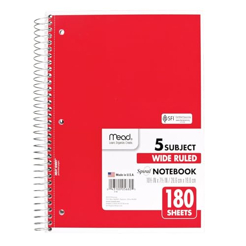 Mead Spiral Notebook, 5 Subject, Wide Ruled Paper, 7-1/2