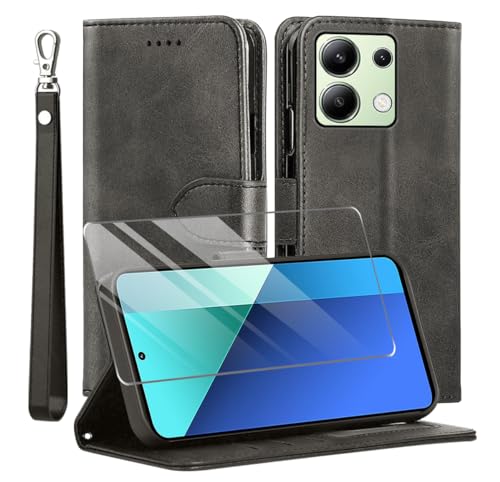 MQERYBV for Xiaomi Redmi Note 13 4G Case and 1 Tempered Glass Screen Protector, Leather Wallet Phone Case with Card Slots Magnetic Closure Kickstand Protective Cover for Xiaomi Redmi Note 13 - Black