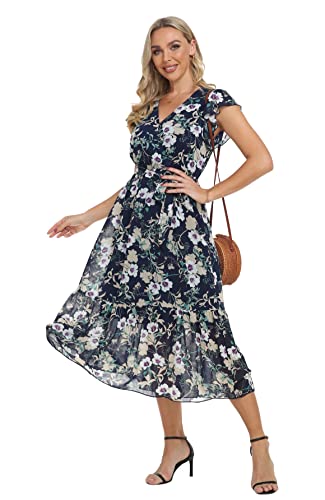Image of VintageClothing Womens Sundress Casual Floral Summer Boho Dress | Flowy Wrap V Neck Ruffle A-Line Pleated Hem Midi Dresses
