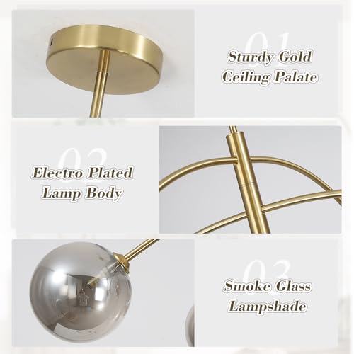 Image of Modern Gold Chandelier 5 Light Smoke Gray Semi Flush Mount Chandelier Vintage Industrial Ceiling Light Dining Room Chandelier for Kitchen Bedroom Hallway