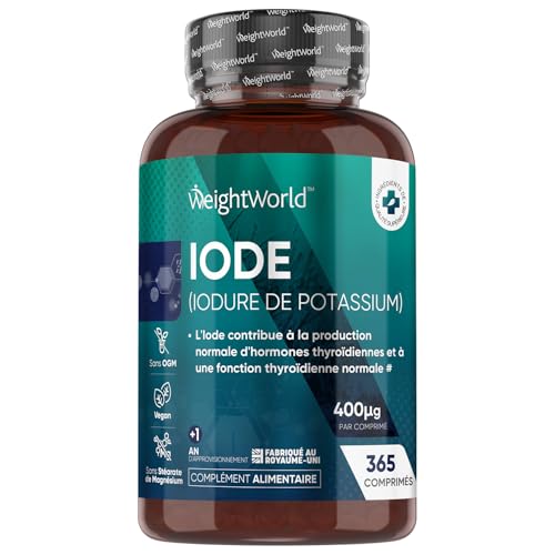 WeightWorld - Iode de Potassium Stable Thyroïde 400μg - 365 Micro Comprimés Vegan (5mm) - 1 Tous les 3 Jours - Iodure de Potassium sans Éléments Radioactifs - Métabolisme, Peau Normale (EFSA) - WeightWorld