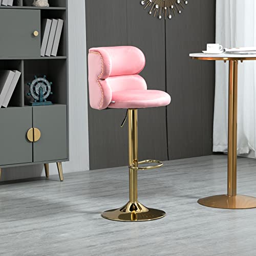 Ssline Upholstered Velvet Barstool Modern Swivel High Bar Chair With Arced Back &Footrest Adjustable Kitchen Counter Height Stools W/Stylish Rivets & Gold Base For Dining Room Home Bar -Pink&Golden #TOP2