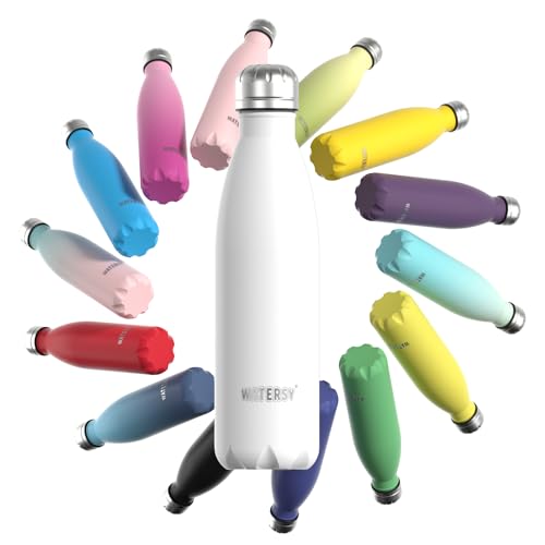 Stainless Steel Insulated Water Bottle, WATERSY Double Walled Metal Vacuum Flask Keep 24 Hrs Cold & 12 Hrs Hot Thermal Metal Sports Bottles 500ml BPA Free for Outdoor, Work, Gym, School (White)