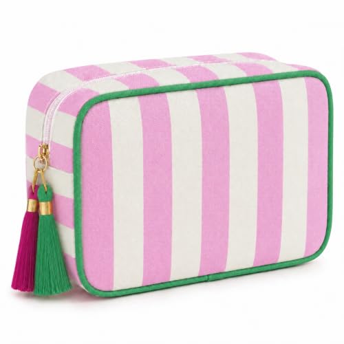 Image of Vavabox Striped Travel Makeup Bag Canvas with Tassel Zipper (White Pink)