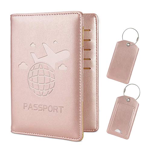 COCASES Leather Passport Holder Cover Case RFID Blocking Travel Wallet ID Card Travel Document Organizer for Women Men with Matching Luggage Tag Set - Rose Gold