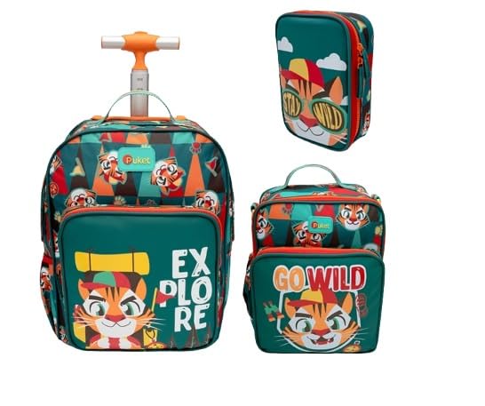 Puket - Kit Tigre Camping: Mochila Escolar c/Rodinha Pequena + Lancheira Térmica + Estojo Box Tigre Camping Puket