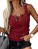 Totatuit camiseta sin mangas mujer cuello U ajustado con lacitos y diseño côtelé para un look veraniego cómodo y estilizado Rojo，M