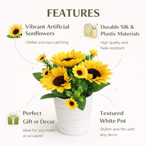 Image of CURATED CART Artificial Sunflowers, Yellow Silk Flowers for Home, Wedding, Party Decoration, Indoor Outdoor Floral Arrangement (Sunflower with Pot)