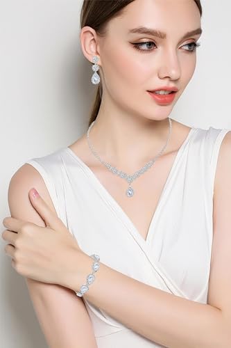 Paxuan Silver / Gold Rhinestone Crystal Wedding Bridal Bridesmaids Earrings Bracelet Set for Women Brides Bridesmaids Crystal Rhinestone Bracelet Earrings Set for Wedding Bridal Prom Pageant (Style2 - Necklace + Earrings + Bracelet(Silver Plated White Cub - Thumbnail 3