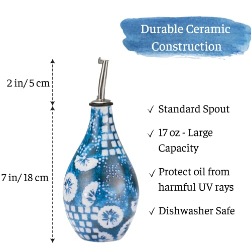 Kaki Ceramic Olive Oil Dispenser, Rustic Design Oil/Vinegar/Syrup/Sauce Bottle For Kitchen, Blue Flower Dispensing Bottle, Mother's Day Gifts, Large Capacity 17 Ounce(Indigo) #TOP1