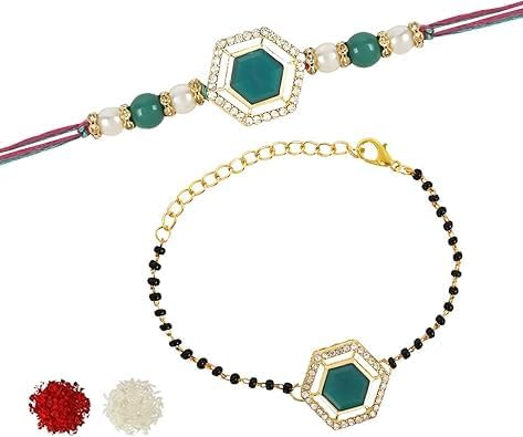 I Jewels Elegant Kundan Stone Bhaiya Bhabhi Mangalsutra Bracelet Rakhi Set With Roli Chawal & Rakshabandhan Card For Brother/Bro/Men